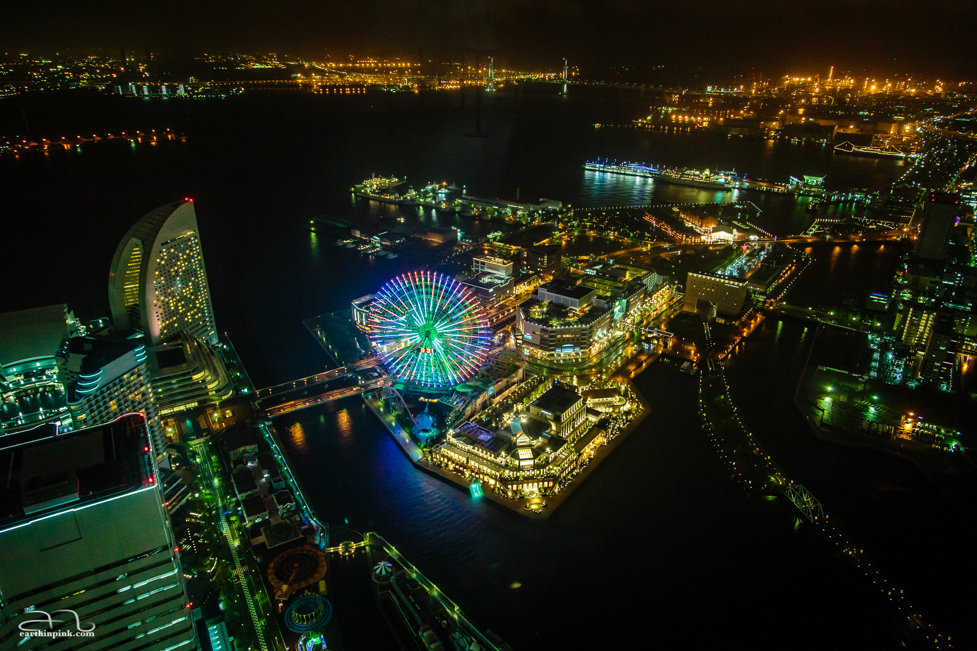 The clock on the Ferris wheel at the Cosmo World amusement park in Yokohama never lets you forget that you took the photo from the top of the Landmark Tower just at closing time, when the helpful staff were politely trying to get you to leave.