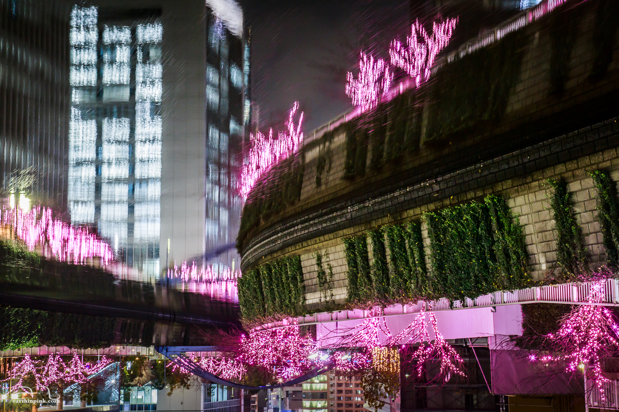 An upside-down photo of the cherry trees dressed in pink lights, reflected in the Meguro river. Because of the long exposure, you can see little streaks of light as the water is flowing.