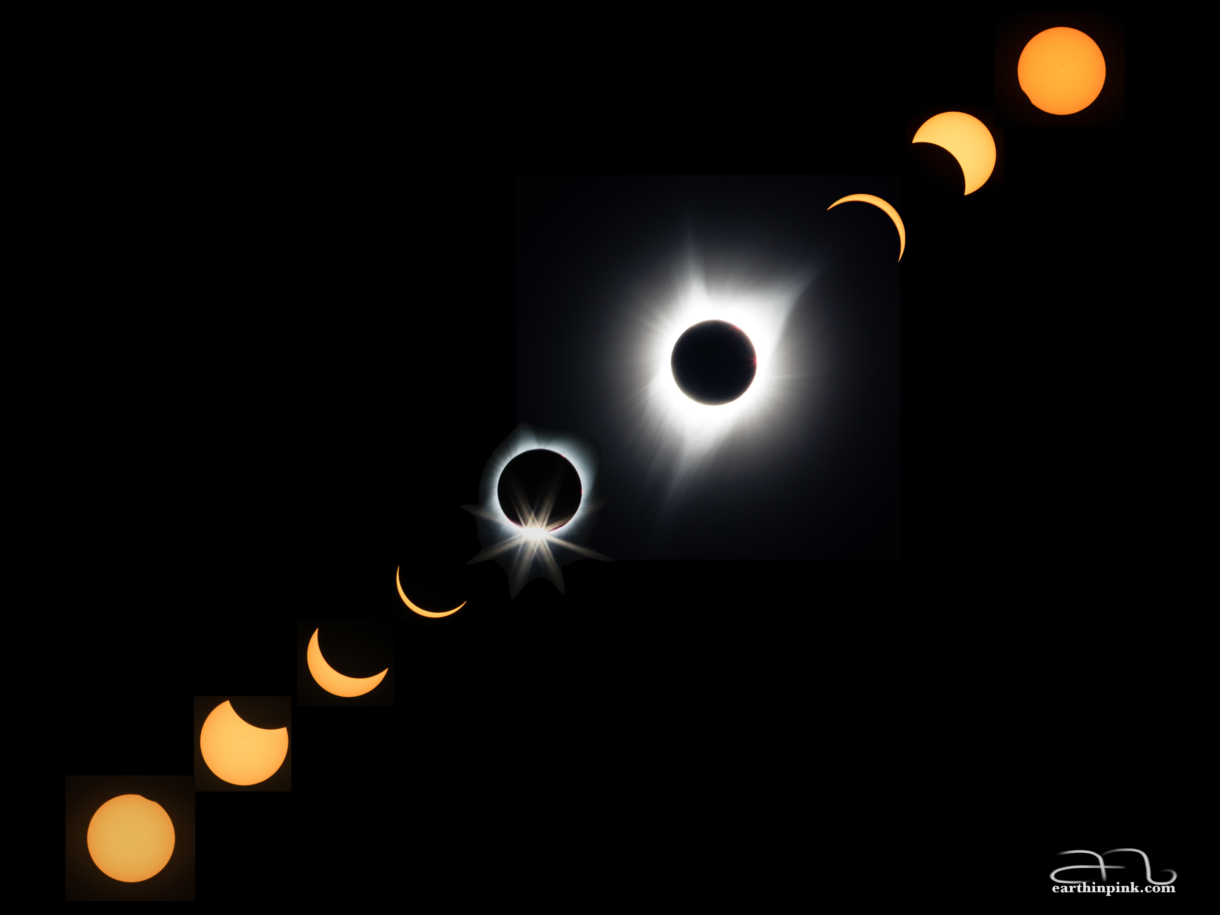 Time series combining 9 photos taken at different stages of the eclipse.